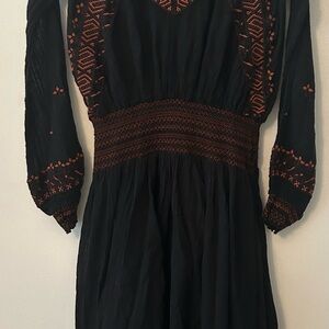 Black Free People Bohemian Embroidered Long-Sleeve Dress